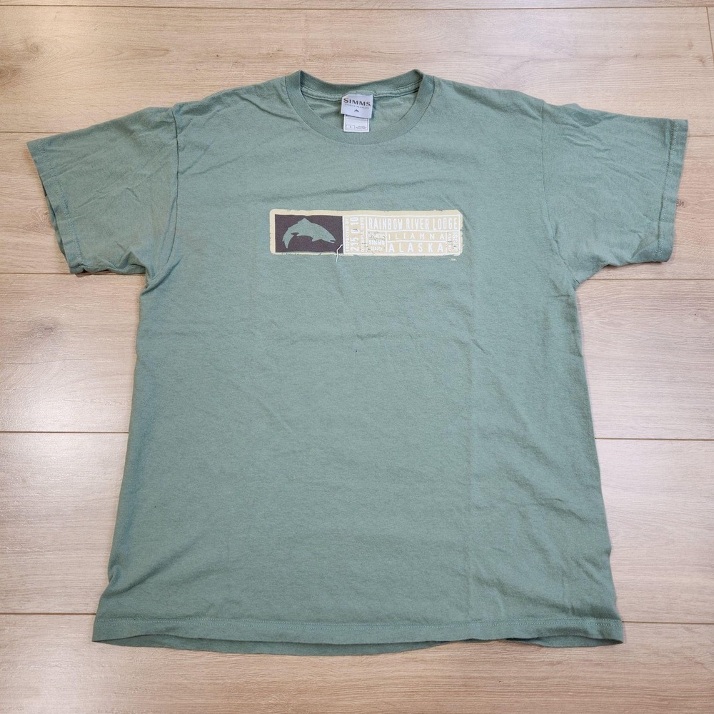 Simms Shirt Mens Large Green Rainbow River Lodge Alaska Fish Graphic Tee Outdoor